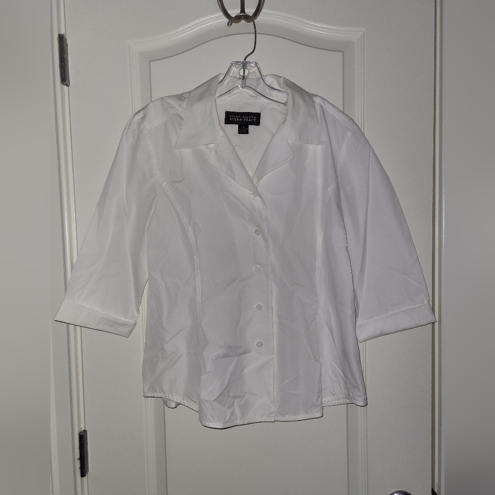 Linda Allard Ellen Tracy Cotton Buttonup White Shirt With 3/4 Length Sleeves